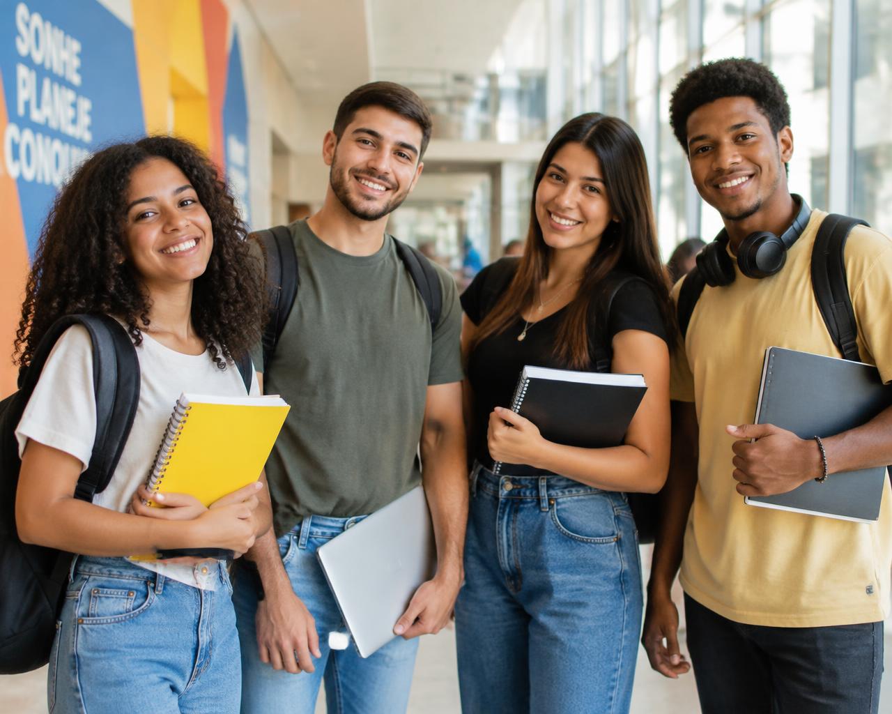 Estudantes sorrindo no campus